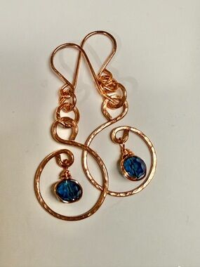 Hammered Copper Spiral Earrings With London Blue Swarovski Crystals